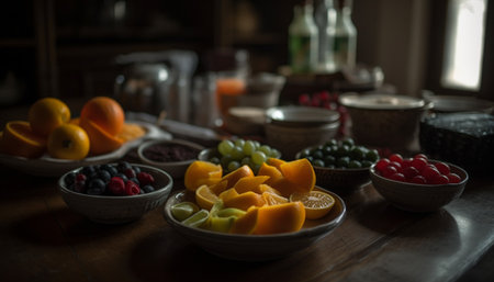 Fresh berry bowl on wooden table indoors generated by artificial intelligenceの素材