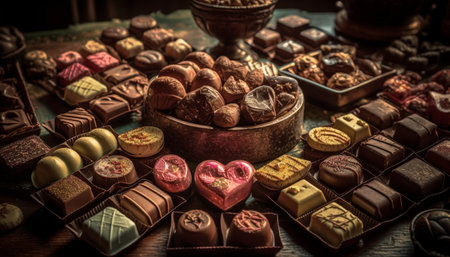 Abundance of gourmet chocolate truffles in heart shape generated by artificial intelligenceの素材