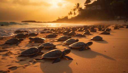 Turtle basks in sun on sandy beach generated by artificial intelligenceの素材