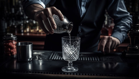Caucasian bartender pouring fresh cocktail at elegant bar generated by artificial intelligenceの素材