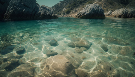 Tranquil scene, waves crash on rocky shore generated by artificial intelligenceの素材