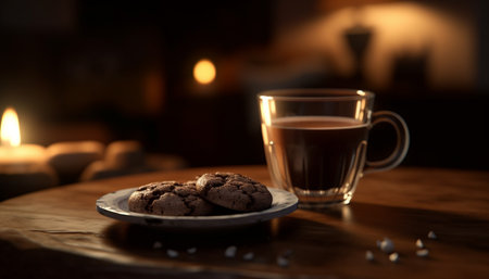 Indulgent chocolate chip cookie and coffee refreshment generated by artificial intelligenceの素材
