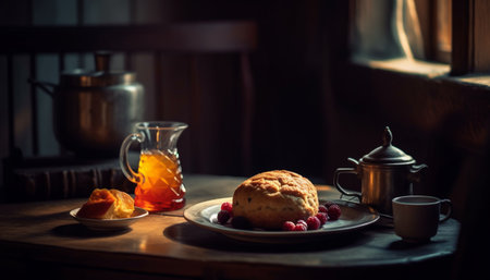 Freshly baked pancakes on rustic wooden table generated by artificial intelligenceの素材