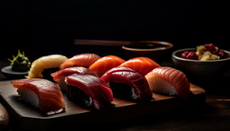 Gourmet seafood meal on wood plate with sashimi generated by artificial intelligenceの素材