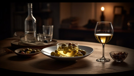 Luxury wine bottle on table, elegant celebration indoors generated by artificial intelligenceの素材