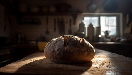 Freshly baked homemade bread on rustic table generated by artificial intelligenceの素材