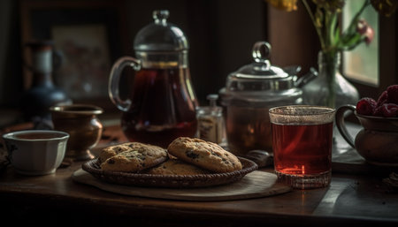 Homemade chocolate chip cookie on rustic wooden table generated by artificial intelligenceの素材
