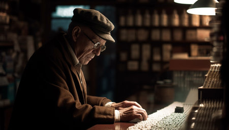Senior musician expertly crafting antique instruments indoors generated by artificial intelligenceの素材