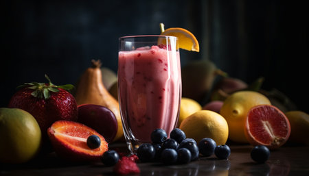Organic berry smoothie on rustic wooden table generated by artificial intelligenceの素材