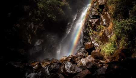 Rainbow falls over majestic mountain range, breathtaking beauty generated by artificial intelligenceの素材