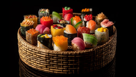 Fresh seafood meal, rolled up maki sushi plate generated by artificial intelligenceの素材