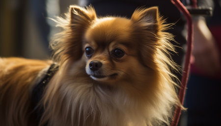 Fluffy lap dog, Pomeranian, sitting cute portrait generated by artificial intelligenceの素材