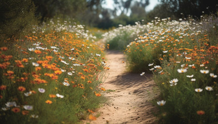 Vibrant wildflowers bloom in tranquil meadow scene generated by artificial intelligenceの素材