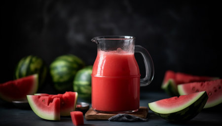Rustic table, healthy snacks, juicy watermelon slices generated by artificial intelligenceの素材