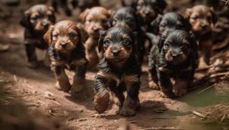 Small group of cute puppies playing outdoors generated by artificial intelligenceの素材