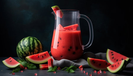 Organic watermelon cocktail, a refreshing summer snack generated by artificial intelligenceの素材