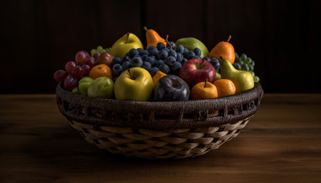 Fresh fruit bowl on wooden table indoors generated by artificial intelligenceの素材