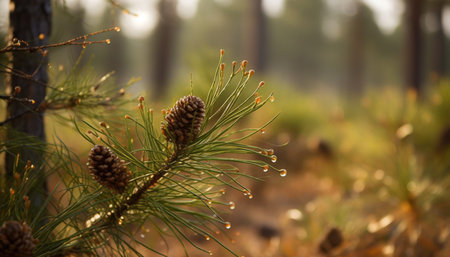 Evergreen pine needles adorn autumn forest floor generated by artificial intelligenceの素材