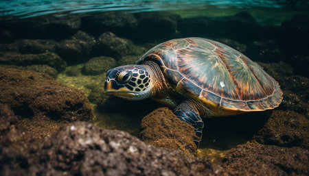 Slow sea turtle swimming in tropical waters generated by artificial intelligenceの素材