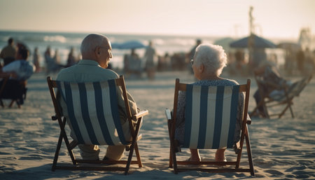 Senior couple enjoys vacation, sitting by water generated by artificial intelligenceの素材
