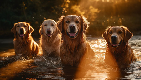 Golden retriever and friends playing in water generated by artificial intelligenceの素材