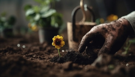 Human hand planting seedling in wet dirt generated by artificial intelligenceの素材