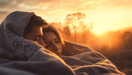 Smiling couple embraces in nature warm sunlight generated by artificial intelligenceの素材