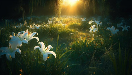 Fresh wildflowers bloom in tranquil meadow landscape generated by artificial intelligenceの素材