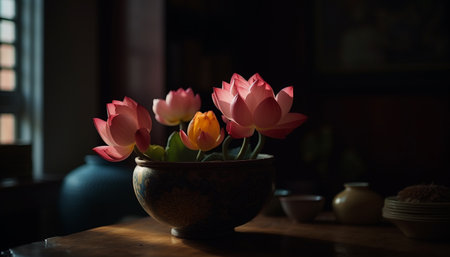 Fresh tulip bouquet in pink vase indoors generated by artificial intelligenceの素材