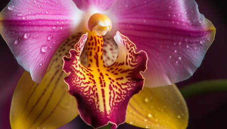 Vibrant pink orchid blossom in wet nature generated by artificial intelligenceの素材