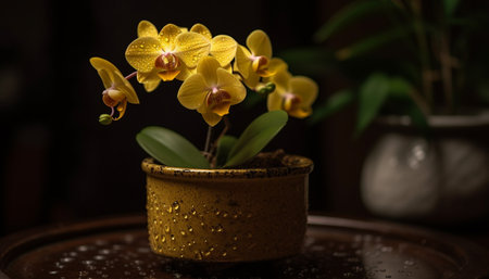 Fresh orchid blossom in ornate vase decoration generated by artificial intelligenceの素材