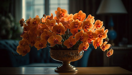 Indoor nature decor: Fresh bouquet on wooden table generated by artificial intelligenceの素材