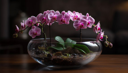 Fresh orchid in glass vase brings elegance indoors generated by artificial intelligenceの素材