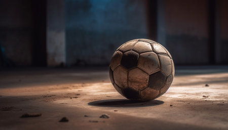 Playing soccer indoors with old leather ball generated by artificial intelligenceの素材