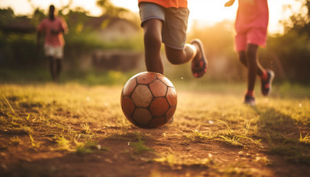 Two boys kicking soccer ball on grass field generated by artificial intelligenceの素材