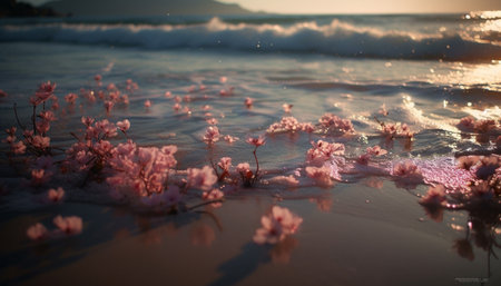 Tranquil scene of pink flower reflection on water generated by artificial intelligenceの素材