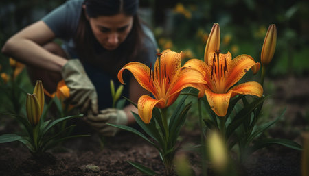 Smiling men and women planting cheerful tulips generated by artificial intelligenceの素材