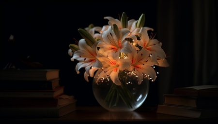 Romantic literature decorates wooden table with bouquet generated by artificial intelligenceの素材
