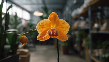 Single moth orchid in pink vase indoors generated by artificial intelligenceの素材