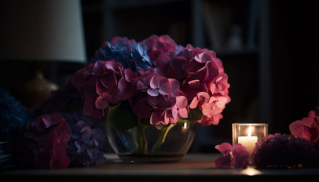 Romantic candlelight illuminates elegant flower arrangement on table generated by artificial intelligenceの素材