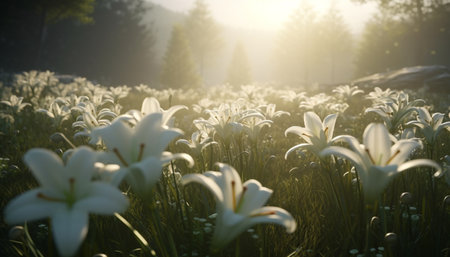Fresh daisy blossoms in tranquil meadow landscape generated by artificial intelligenceの素材