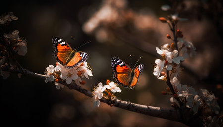 Vibrant butterfly perches on fresh flower head generated by artificial intelligenceの素材