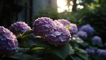 Vibrant hydrangea blossom, fresh with dew drops generated by artificial intelligenceの素材