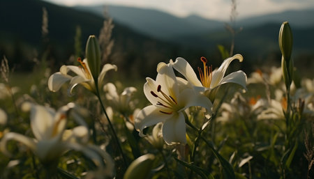 Fresh daisy blossom in tranquil meadow landscape generated by artificial intelligenceの素材