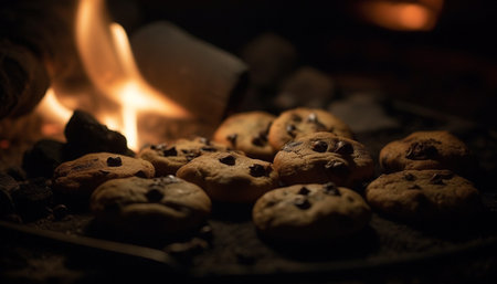 Freshly baked chocolate chip cookies on rustic table generated by artificial intelligenceの素材