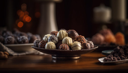 Indulgent chocolate truffles on rustic wooden table generated by artificial intelligenceの素材