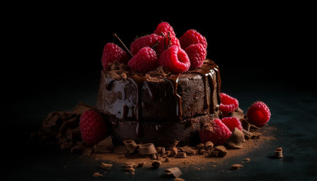 Indulgent chocolate raspberry brownie with fresh berry decoration generated by artificial intelligenceの素材