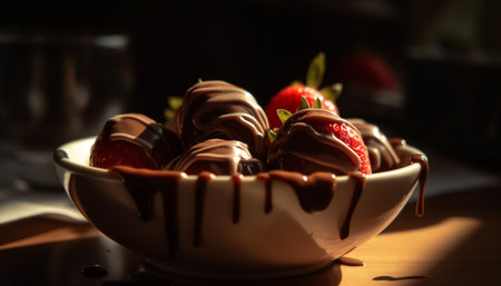 Indulgent homemade chocolate dessert with fresh berry fruit generated by artificial intelligenceの素材