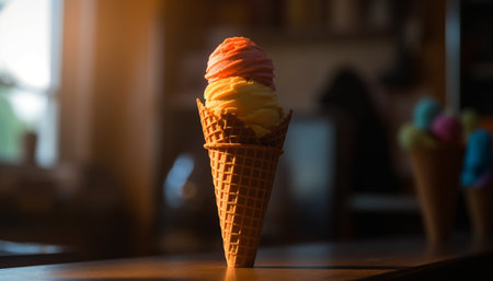 Sweet food indulgence on wooden table indoors generated by artificial intelligenceの素材