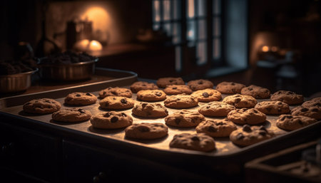 Freshly baked chocolate chip cookies on cooling rack generated by artificial intelligenceの素材